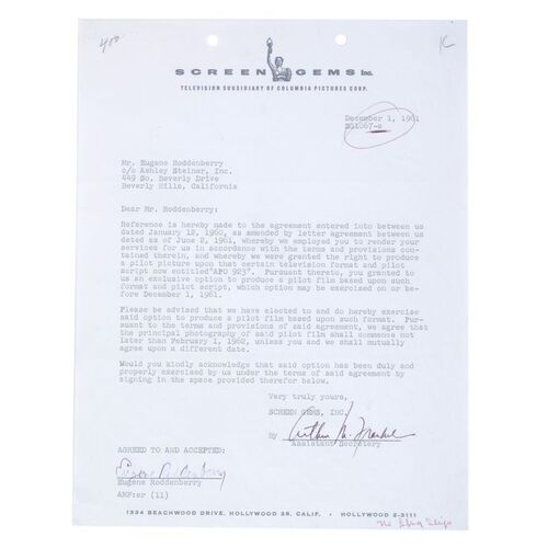 Lot # 487: A.P.O. 923 (T.V. Movie, 1962) - Framed Gene Roddenberry-Signed Screen Gems Contract