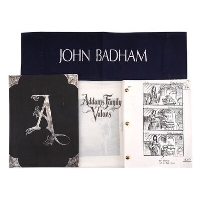 Lot # 492: The Addams Family (1991)/ Addams Family Values (1993) - Hand-Drawn Storyboard Folder, Printed Storyboards, Promotional Photos and Joke Chairback