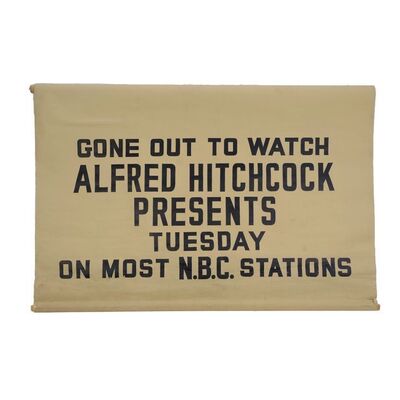 Lot # 498: Alfred Hitchcock Presents (T.V. Series, 1955 - 1962) - Alfred Hitchcock's Hand-Painted Universal Studios Office Projection Screen