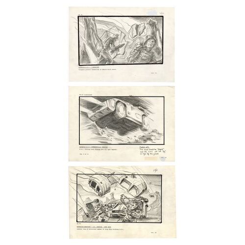 Lot # 500: Aliens (1986) - Set of Three Hand-Illustrated Bug Stomper Crash Storyboards