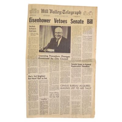 Lot # 523: Back To The Future (1985) - "Eisenhower Vetoes Senate Bill" Hill Valley Telegraph