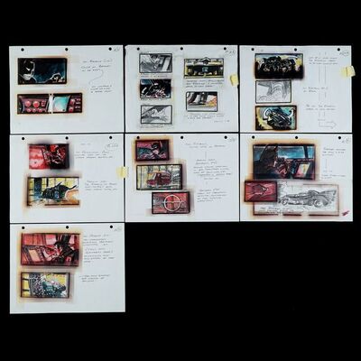 Lot # 541: Batman Returns (1992) - Set of Seven Hand-Drawn Penguin, Batman, and Batmobile Storyboard Pages