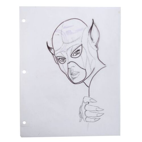 Lot # 543: Batman Returns (1992) - Framed Hand-Drawn Catwoman Cowl Design Illustration