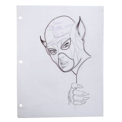 Lot # 543: Batman Returns (1992) - Framed Hand-Drawn Catwoman Cowl Design Illustration