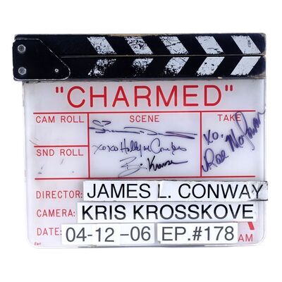 Lot # 619: Charmed (T.V. Series, 1998 - 2006) - Shannen Doherty, Rose McGowan, and Holly Marie Combs-Autographed Series Finale Clapperboard