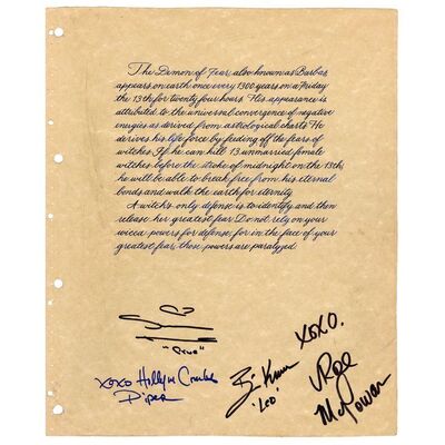 Lot # 620: Charmed (T.V. Series, 1998 - 2006) - Shannen Doherty, Rose McGowan, and Holly Marie Combs-Autographed Book of Shadows Page