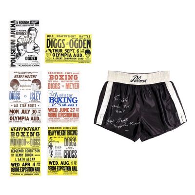 Lot # 668: Diggstown (1992) - Louis Gossett, Jr.-Autographed "Honey" Roy Palmer Trunks with Diggstown Posters