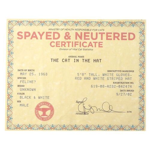 Lot # 682: Dr. Seuss' The Cat In The Hat (2003) - Cat in the Hat's (Mike Myers) "Spayed and Neutered" Certificate