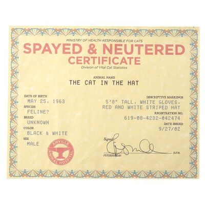 Lot # 682: Dr. Seuss' The Cat In The Hat (2003) - Cat in the Hat's (Mike Myers) "Spayed and Neutered" Certificate