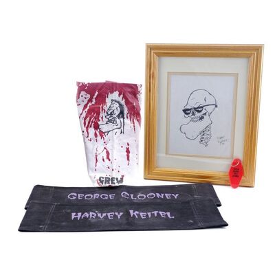 Lot # 750: From Dusk Till Dawn (1996) - Hand-Drawn Robert Rodriguez Sketch of Quentin Tarantino's Skull with Chairbacks and Crew Gifts