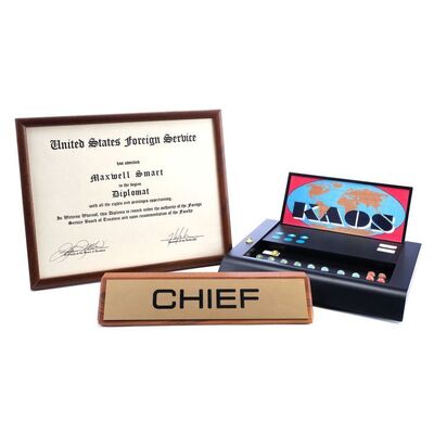 Lot # 770: Get Smart (T.V. Series, 1995) - Maxwell Smart's (Don Adams) "Chief" Nameplate and "Diplomat" Certificate with KAOS Control Board