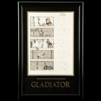 Lot # 777: Gladiator (2000) - Framed Hand-Illustrated Sylvain Despretz "Gladiator Throws Axe" Storyboard