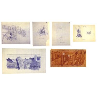 Lot # 786: The Goonies (1985) - Hand-Illustrated Jack Johnson Brownline with Five Printed Set Blueprints