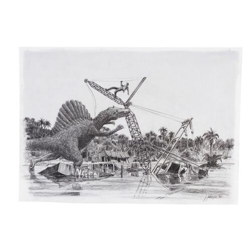 Lot # 883: Jurassic Park III (2001) - Hand-Drawn Jack Johnson Spinosaurus Attack Concept Illustration