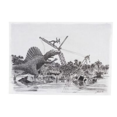 Lot # 883: Jurassic Park III (2001) - Hand-Drawn Jack Johnson Spinosaurus Attack Concept Illustration