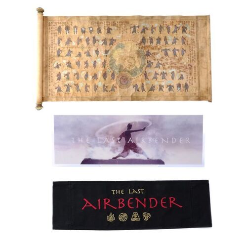 Lot # 896: The Last Airbender (2010) - M. Night Shyamalan Chair Back, Car Placard and Katara's (Nicola Peltz) Water Bending Instruction Scroll