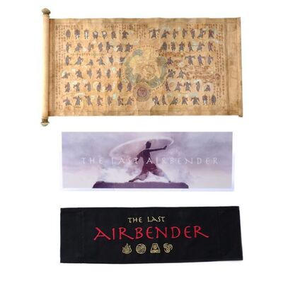 Lot # 896: The Last Airbender (2010) - M. Night Shyamalan Chair Back, Car Placard and Katara's (Nicola Peltz) Water Bending Instruction Scroll
