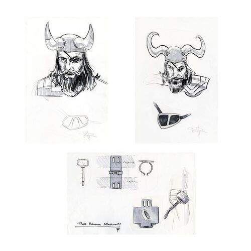 Lot # 949: Marvel Studios' Thor (2011) - Set of Three Hand-Illustrated Doug Brode Mjolnir and Odin Concept Artworks