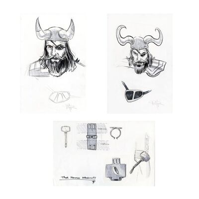 Lot # 949: Marvel Studios' Thor (2011) - Set of Three Hand-Illustrated Doug Brode Mjolnir and Odin Concept Artworks