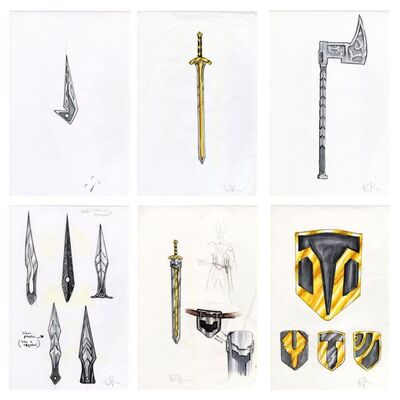 Lot # 951: Thor (2011) - Set of Six Hand-Illustrated Doug Brode Loki and Einherjar Concept Artworks