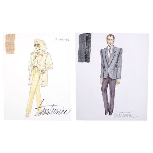 Lot # 991: Moonlighting (T.V. Series, 1985 - 1989) - Hand-Illustrated Robert Turturice David Addison Jr. (Bruce Willis) and Maddie Hayes (Cybill Shepherd) Costume Sketches