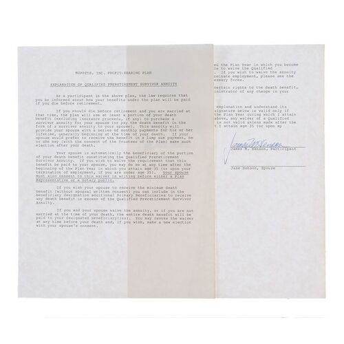 Lot # 997: Jim Henson Productions - Jim Henson-Signed Muppets Inc. Legal Document