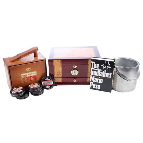 Lot # 1036: The Offer (T.V. Series, 2022) - Marlon Brando's Shoe Shine Kit, Al Ruddy's Ice Bucket, and Charles Bluhdorn's Humidor
