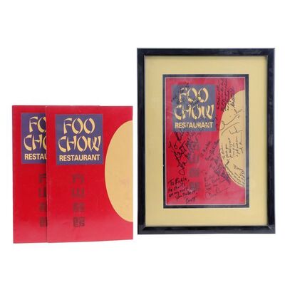 Lot # 1106: Rush Hour (1998) - Framed Cast-Autographed Foo Chow Menu with Additional Menus