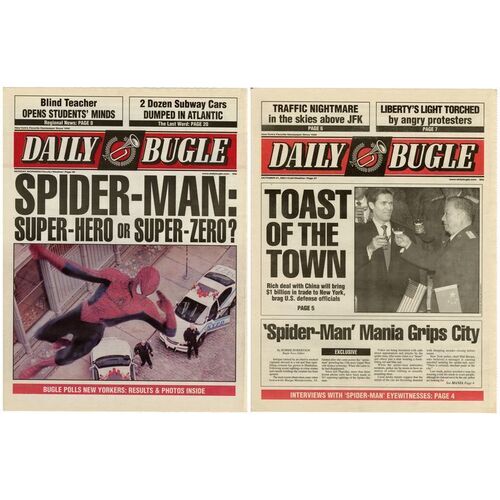 Lot # 1149: Spider-Man (2002)/Spider-Man 2 (2004) - Pair of Daily Bugle Newspaper Covers