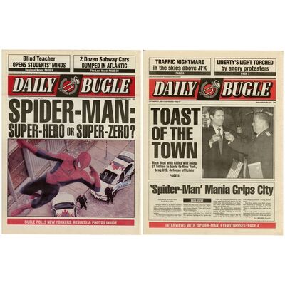 Lot # 1149: Spider-Man (2002)/Spider-Man 2 (2004) - Pair of Daily Bugle Newspaper Covers
