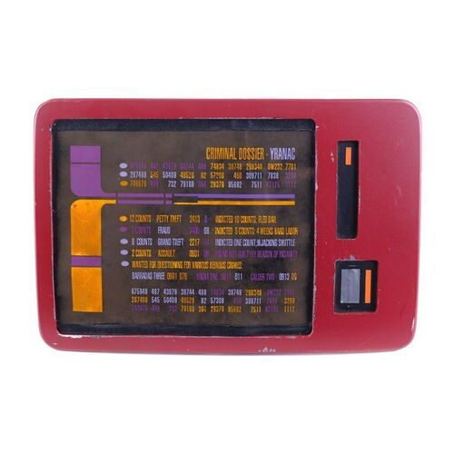 Lot # 1161: Star Trek: The Next Generation (T.V. Series, 1993) - Red Operations PADD with Yranac's (Alan Altshuld) Criminal Record