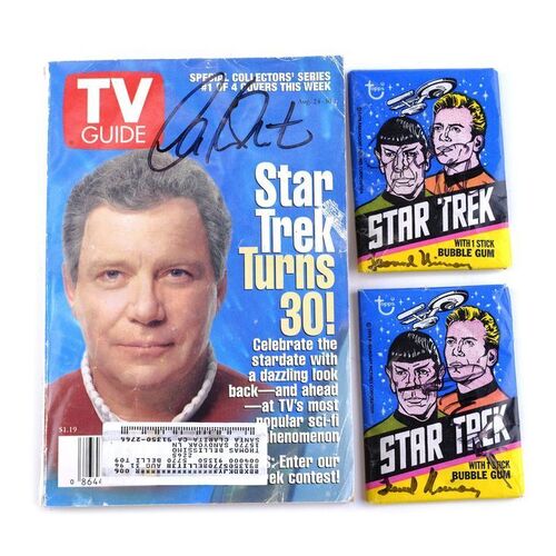 Lot # 1238: Star Trek Franchise (1966 - Present) - William Shatner and Leonard Nimoy-Autographed Bubble Gum Packages and TV Guide