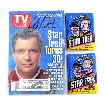 Lot # 1238: Star Trek Franchise (1966 - Present) - William Shatner and Leonard Nimoy-Autographed Bubble Gum Packages and TV Guide