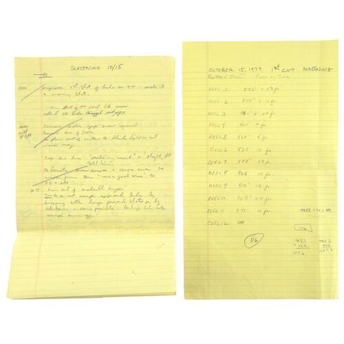 Lot # 1272: Star Wars: The Empire Strikes Back (1980) - Handwritten Notes from Internal Lucasfilm Review Screening on October 15, 1979