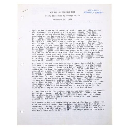 Lot # 1276: Star Wars: The Empire Strikes Back (1980) - Lucasfilm Research Library Story Treatment