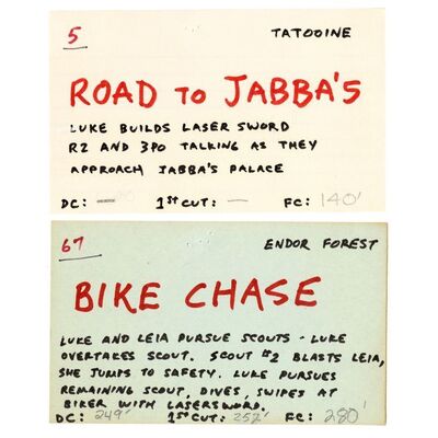 Lot # 1293: Star Wars: Return Of The Jedi (1983) - Pair of Handwritten Editing Department Scene Cards