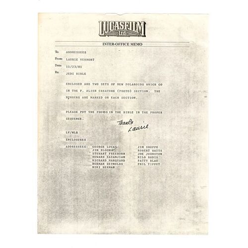 Lot # 1295: Star Wars: Return Of The Jedi (1983) - Lucasfilm "Alien Creature" Inter-Office Memo