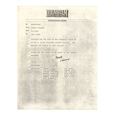 Lot # 1295: Star Wars: Return Of The Jedi (1983) - Lucasfilm "Alien Creature" Inter-Office Memo