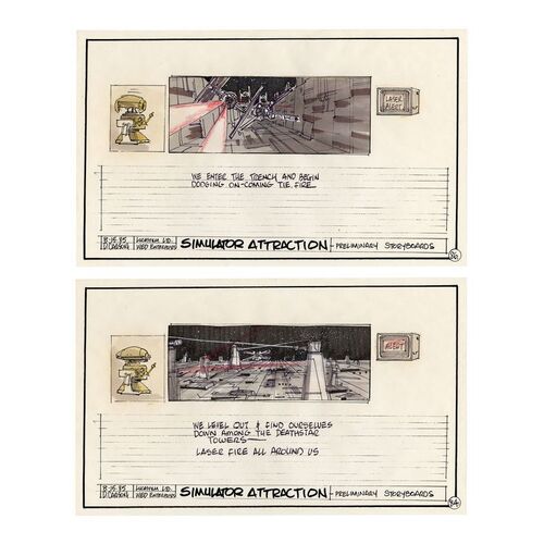 Lot # 1300: Star Wars: Star Tours (1987) - Pair of Hand-Drawn David Carson Death Star Battle Storyboards