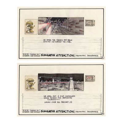 Lot # 1300: Star Wars: Star Tours (1987) - Pair of Hand-Drawn David Carson Death Star Battle Storyboards