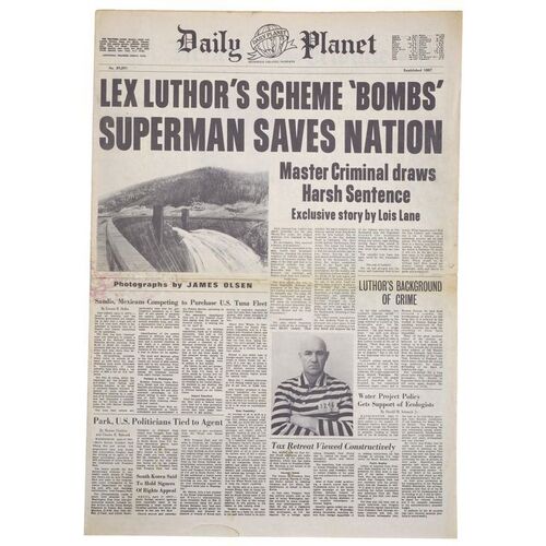Lot # 1336: Superman II (1980) - "Lex Luthor's Scheme 'Bombs'" Daily Planet Newspaper Cover