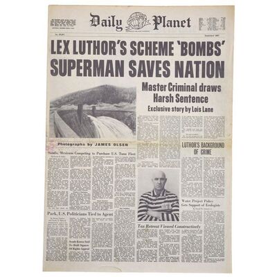 Lot # 1336: Superman II (1980) - "Lex Luthor's Scheme 'Bombs'" Daily Planet Newspaper Cover
