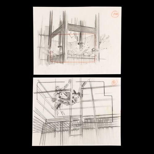 Lot # 1350: The Terminator (1984) - Set of Two Hand-drawn Factory Sequence Storyboards Featuring T-800 in Press