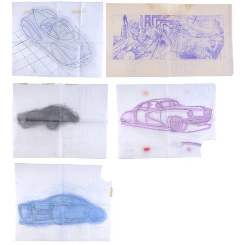 Lot # 1398: Tucker: The Man And His Dream (1988) - Set of Four Hand-Drawn John Bell "Tucker Sedan" Illustrations with Printed Mural Dyeline