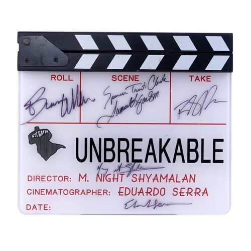 Lot # 1411: Unbreakable (2000) - M. Night Shyamalan and Cast-Autographed Clapperboard