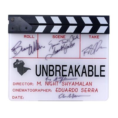 Lot # 1411: Unbreakable (2000) - M. Night Shyamalan and Cast-Autographed Clapperboard