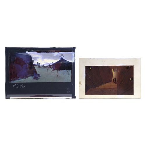 Lot # 1426: Willow (1988) - Hand-Illustrated and Printed Camp and Stairway Matte Painting Concept Artworks