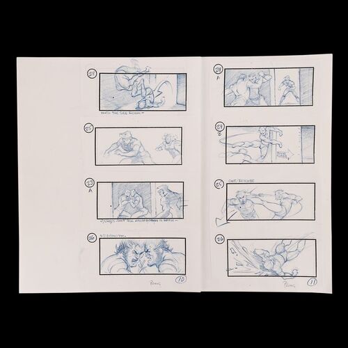 Lot # 1446: X-Men (2000) - Pair of Hand-drawn Cyclops Watching Wolverine Fight Mystique Storyboards