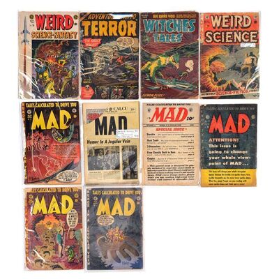 Lot # 1459: Multiple Publishers - J.W. Rinzler Collection: Set of 10 Mad, Witches Tales, Adventures into Terror, Weird Science, and Weird Science-Fantasy Golden Age Issues