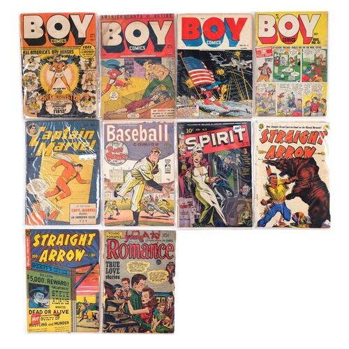 Lot # 1460: Multiple Publishers - J.W. Rinzler Collection: Will Eisner-Signed Baseball Comics and Spirit Issues with Eight Boy Comics, Straight Arrow, Captain Marvel, and Young Romance Golden Age Issues [Qty. 10]